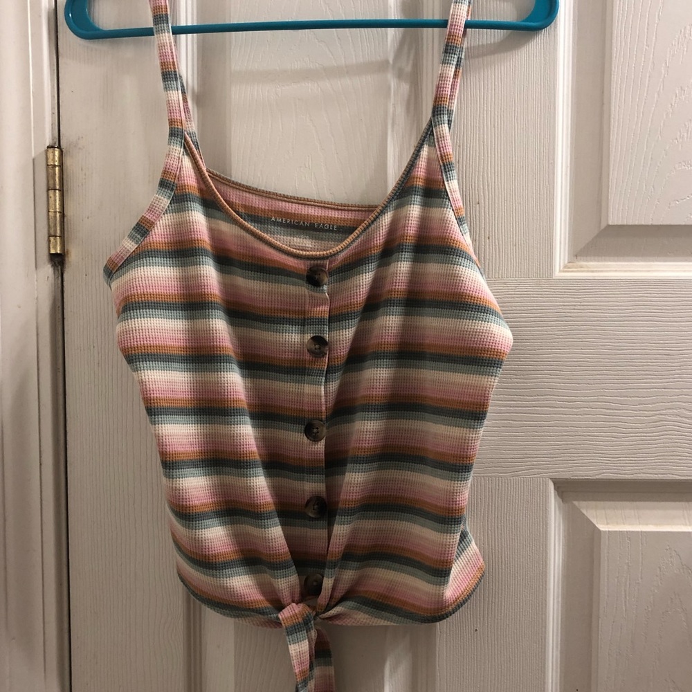 striped tie front tank top